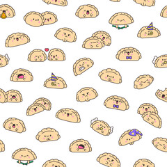 Cute kawaii dumpling. Seamless pattern. Cartoon Chinese food characters. Hand drawn style. Vector drawing. Design ornaments.