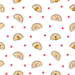 Cute kawaii dumpling. Seamless pattern. Cartoon Chinese food characters. Hand drawn style. Vector drawing. Design ornaments.