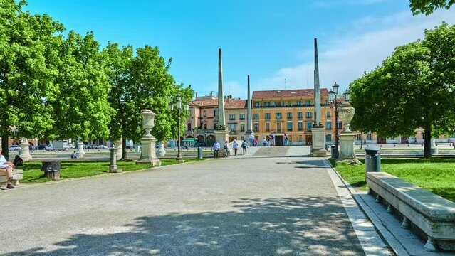 PADUA, ITALY - APRIL 17 2018: Prato della Valle is a 90,000 square meter elliptical square in Padova, Italy. It is the largest square in Italy, and one of the largest in Europe.