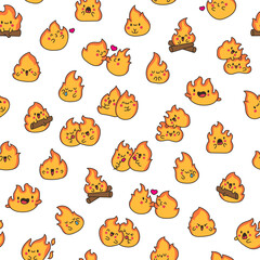 Obraz premium Cute kawaii little fire. Seamless pattern. Cartoon flame characters. Hand drawn style. Vector drawing. Design ornaments.