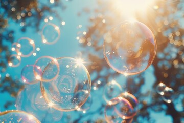 Soap bubbles fly against the backdrop of a park and city on a sunny day