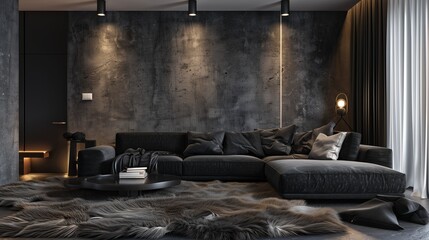 A modern living room with a black sofa, dark concrete walls, and a large, plush fur rug