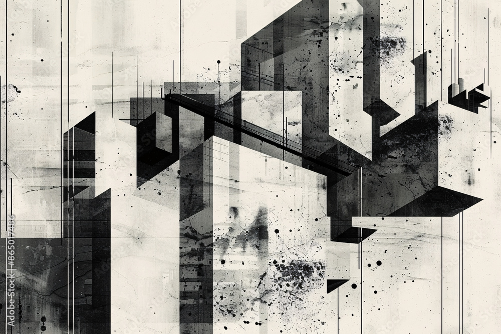 Poster geometric abstract artwork with intersecting black shapes and splatters on a white background