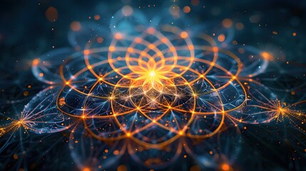 Mesmerizing Seed of Life - Intricate Digital Art with Hypnotic Geometric Patterns and Luminous Celestial Landscape