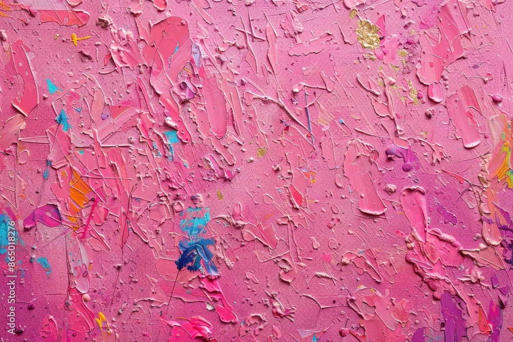 Poster textured canvas featuring splashes of pink and blue paint in an abstract composition, a textured pin