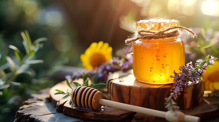 A glass jar filled with golden honey, accompanied by a honey dipper, set against a natural and outdoor background.