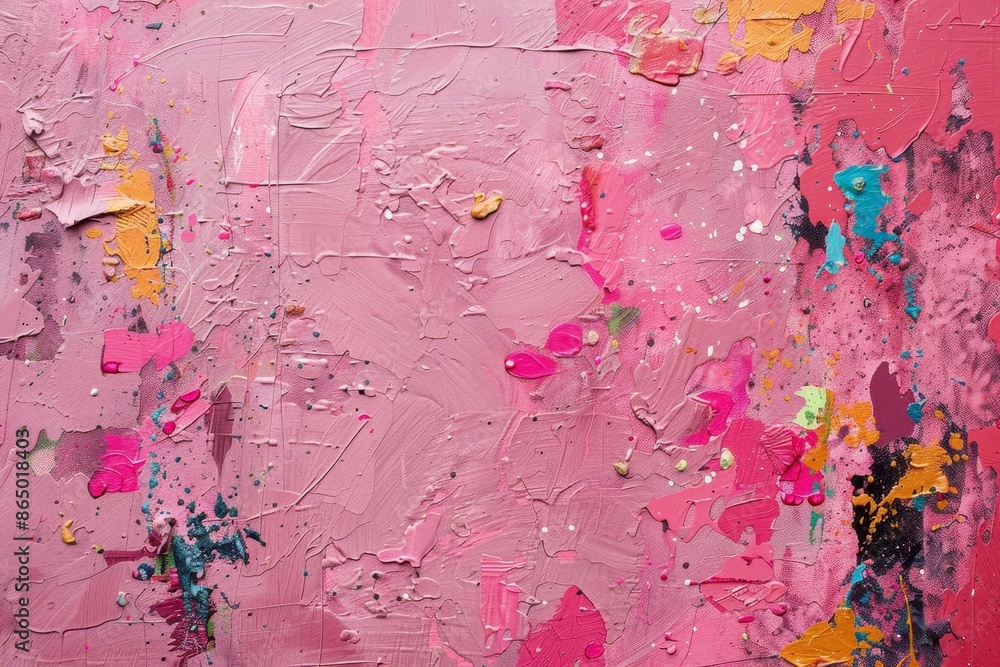 Poster textured pink canvas with contrasting yellow paint splashes, a textured pink canvas with splashes of
