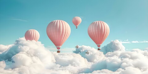 Fototapeta premium Whimsical Easter hot air balloons float above marshmallow clouds in a dreamy sky scene. Concept Easter, Hot Air Balloons, Whimsical, Marshmallow Clouds, Dreamy Sky