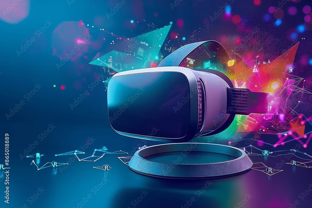 Poster close-up of futuristic vr headset with colorful digital effects, showcasing advanced virtual reality
