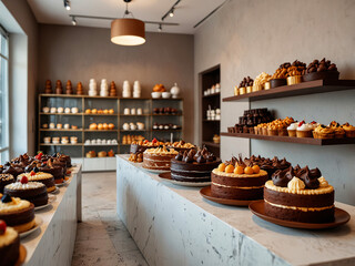 A beautifully arranged bakery displays a variety of cakes on modern marble tables. 