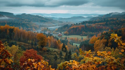 Fototapeta premium Autumn Landscape of Misty Forest Hills