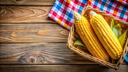 Corn with golden yellow kernels, resting in a woven basket with a colorful checkered cloth lining, positioned in the corner of a rustic wooden table background.