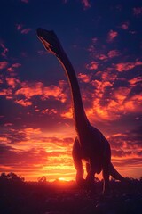 Serene Brontosaurus Silhouette Against Vibrant Sunset Sky with Dramatic Clouds