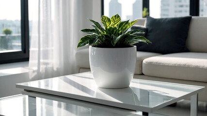 plants on a white plant pot in a condominium, growing plants in a Modern Condominium, eco, green plants, Nature in a City life, close-up plants in a white condominium.