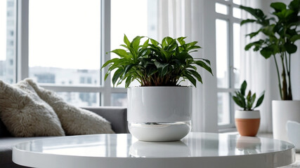 plants on a white plant pot in a condominium, growing plants in a Modern Condominium, eco, green plants, Nature in a City life, close-up plants in a white condominium.