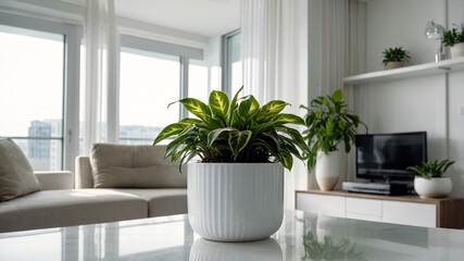 plants on a white plant pot in a condominium, growing plants in a Modern Condominium, eco, green plants, Nature in a City life, close-up plants in a white condominium.