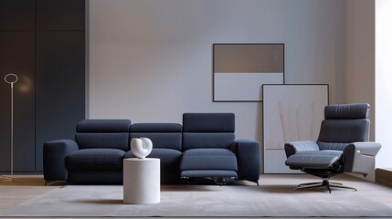 A modern living room with a dark blue sofa, a recliner chair, and a minimalist, white ceramic sculpture on a pedestal