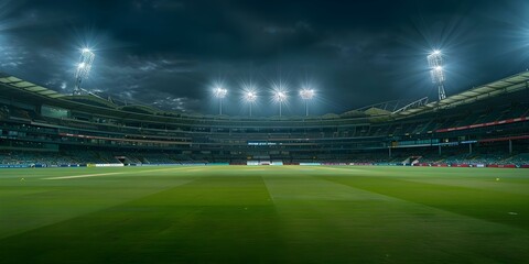 Contrasting Day and Night Scenes in High-Definition Panoramic Image of Cricket Stadium. Concept Cricket Stadium, Panoramic Image, Day Scenes, Night Scenes, Contrasting Views