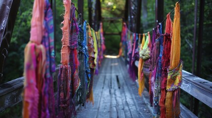 Naklejka premium Vibrant fabric pieces hanging from the sides of a bridge seem to be reaching out and embracing the natural elements around them.