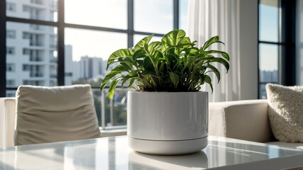 plants on a white plant pot in a condominium, growing plants in a Modern Condominium, eco, green plants, Nature in a City life, close-up plants in a white condominium.