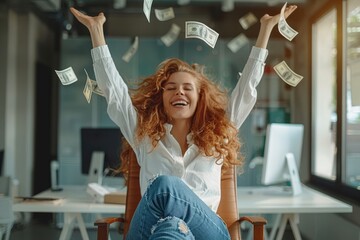 Happy woman rase hands up victory and success. Dollars money fly in air nearby.