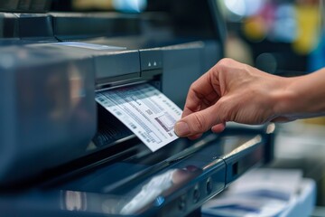 A person inserting a ticket into a machine to receive a receipt, A thermal printer producing receipts with precision and accuracy
