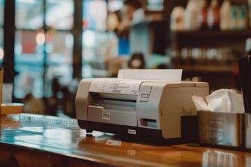 A thermal printer sits on a wooden counter, producing receipts with precision, A thermal printer producing receipts with precision and accuracy