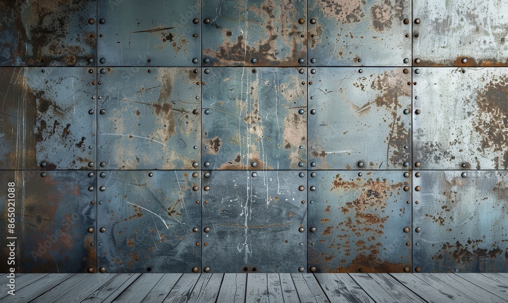 Wall mural Distressed metal sheeting wall with aged linoleum floor.