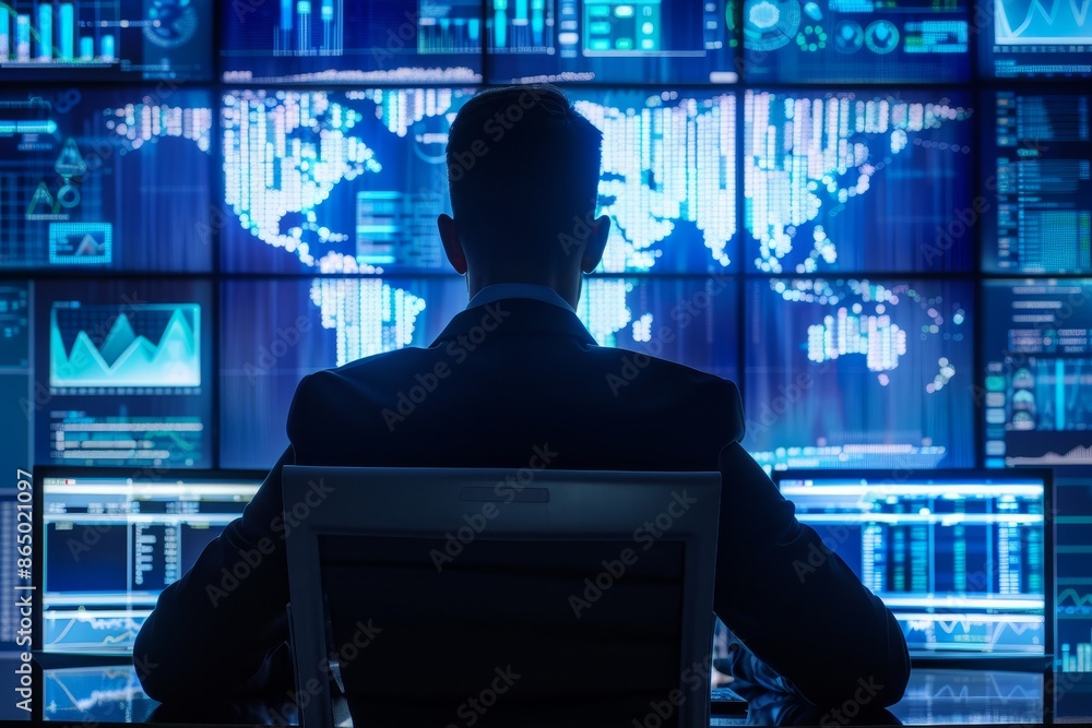Poster a man sits in front of a laptop, analyzing data as a threat intelligence analyst, a threat intellige