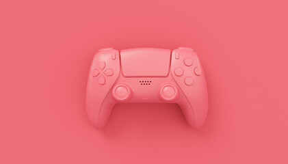Video game joystick or gamepad in plain monochrome pink color background