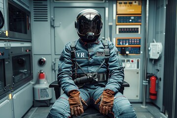 Obraz premium Man using VR headset in a high-tech military setup, exploring advanced virtual reality simulations for training purposes.