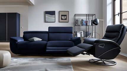 A modern living room with a dark blue sofa, a recliner chair, and a sleek, metal magazine rack with design periodicals