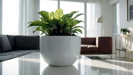 plants on a white plant pot in a condominium, growing plants in a Modern Condominium, eco, green plants, Nature in a City life, close-up plants in a white condominium.