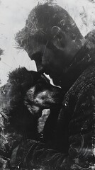 Stray Dog Protectively Curled Beside World-Weary but Kind-Hearted Owner in Gritty Charcoal and Chalk Sketch