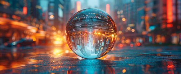 Glass ball with a reflection of a blurred sunset city lights in it on a reflective surface with a blurry background.