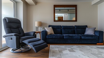 A modern living room with a dark blue sofa, a recliner chair, and a wall-mounted, frameless mirror, creating a spacious feel