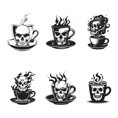 set of skulls with coffee vector logo design style 