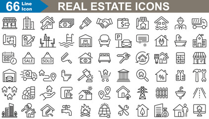 Real estate line icons set collection. Included icons Property, Investment, House, Sale, Realtor, Selling, Market and Realty. Perfect vector illustration