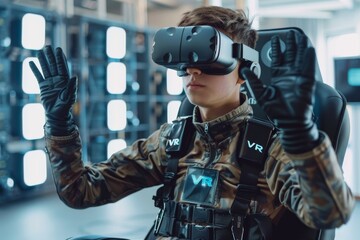 Man using VR headset in a virtual reality arena, engaged in immersive gaming experience, advanced and high-tech setting.