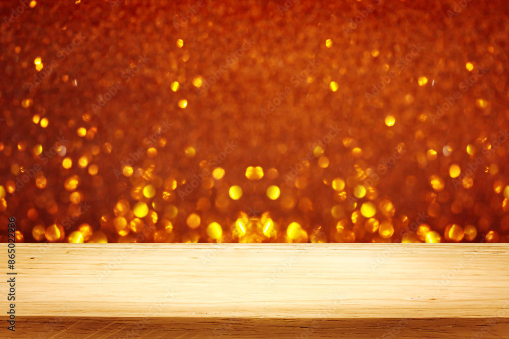 Poster empty wood table top on golden bokeh abstract background for montage products display new year,chris