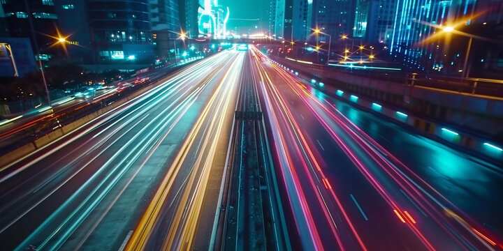 Car lights on the road of modern city during night. Timelapse, hyperlapse of transportation. Motion blur, light trails, soft glowing lines