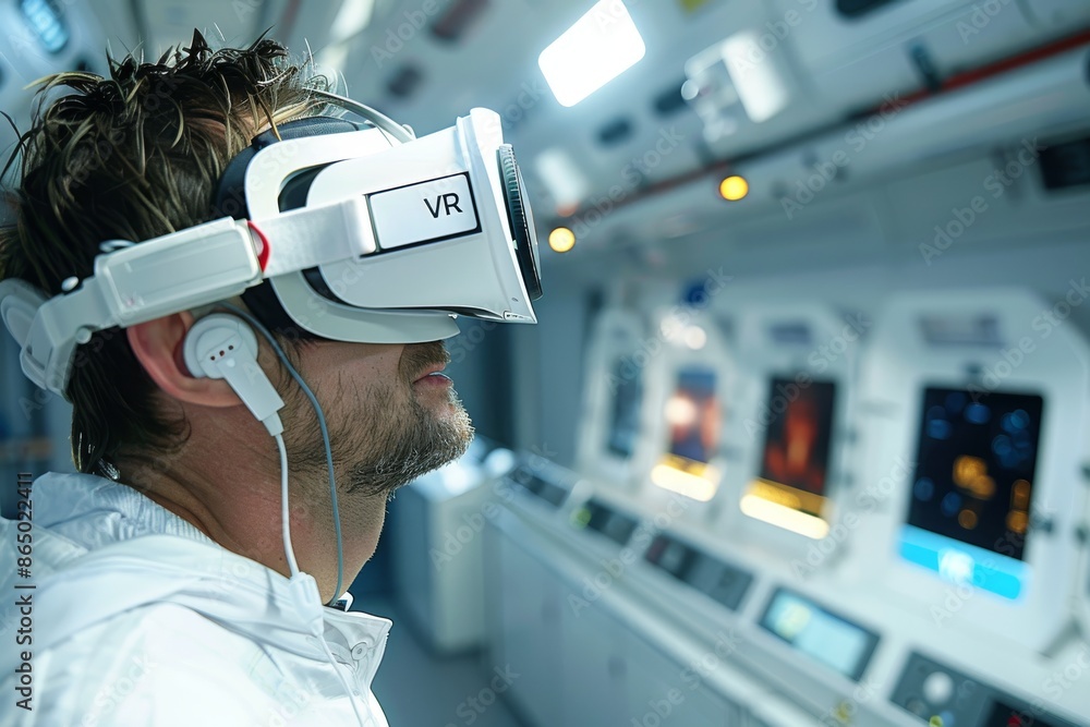 Poster Man using VR headset in a futuristic control room, exploring virtual reality technology for professional applications.