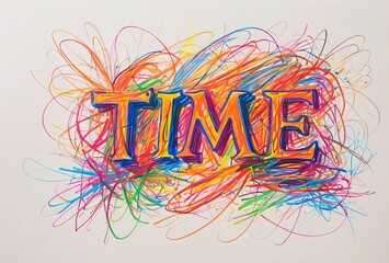 Colorful scribbles text Time in chaotic wax crayon drawing style