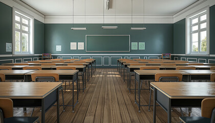 Image of a traditional classroom featuring wooden desks and chairs aligned neatly in rows, large windows allow natural light, white-framed panels, and a green chalkboard.