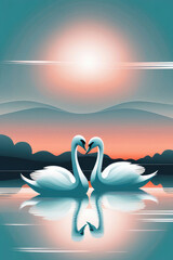 Naklejka premium Beautiful watercolor of Elegant swans gracefully swim in the a beautiful sunset.