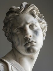 Sculpted marble head of a young man in antique style.