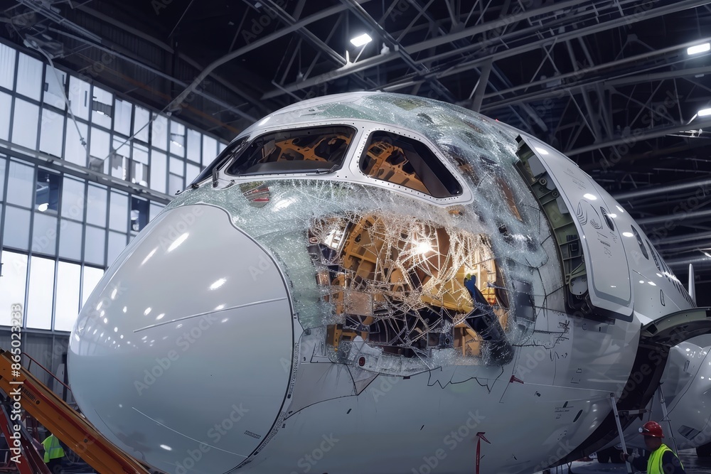 Poster a timelapse video showing a team of mechanics replacing parts on a large jetliner inside of a hangar