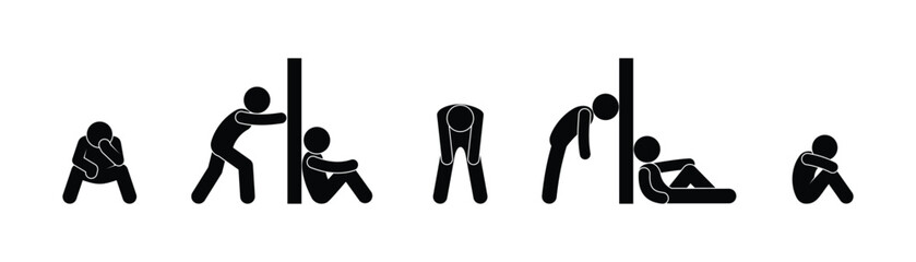 stick figure man bent over icon, sad people, apathy, depression, human silhouette sitting
