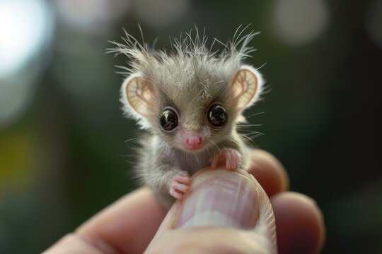 A person holding a tiny animal in their hand, showcasing the small creatures size, A tiny, enchanting creature that captivates the eye