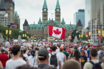 Obraz premium Canada flag on the background of the city. National symbol. Red maple leaf. Patriotic sign. Canada Day, national holiday. Poster, banner